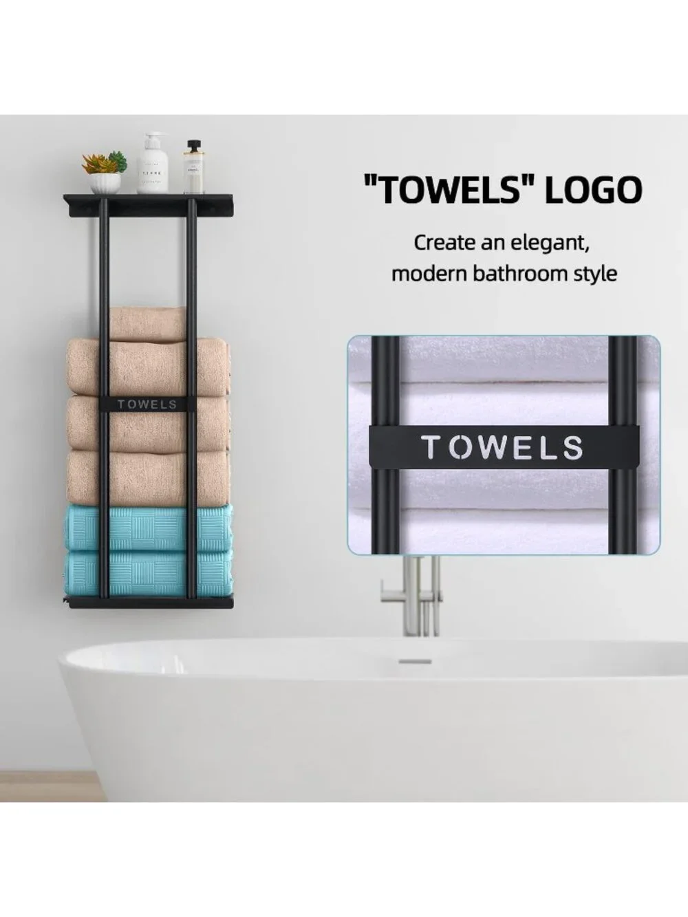 New 30 inch Black Wall Mounted Towel Rack with Shelf Holds 6 Towels Bathroom